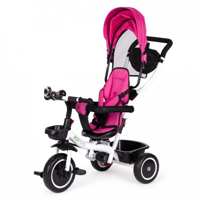 Ecotoys Tricicleta pentru copii Roz cu sezut reversibil pentru copiii intre 6 luni roti din spuma evaspatar cu husa moale si centura de siguranta in 5 puncte