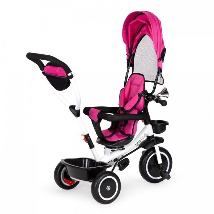 Ecotoys Tricicleta pentru copii Roz cu sezut reversibil pentru copiii intre 6 luni roti din spuma evaspatar cu husa moale si centura de siguranta in 5 puncte