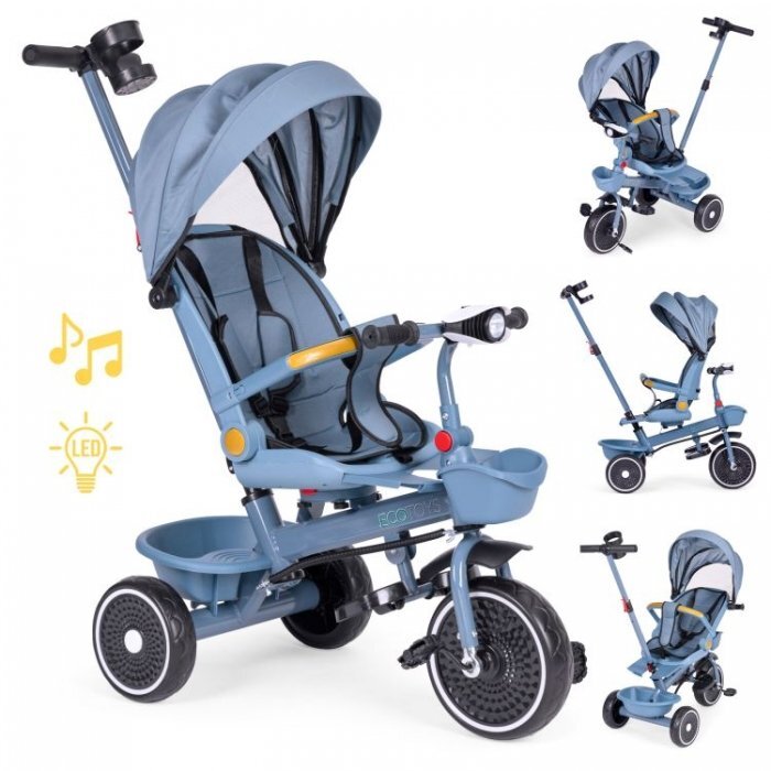 Ecotoys Tricicleta pentru copii WQL-066-18 Albastru 2 in 1 scaun rotativ 360 roti din spuma EVA suport picioare control al directiei suport pahar far cosulet