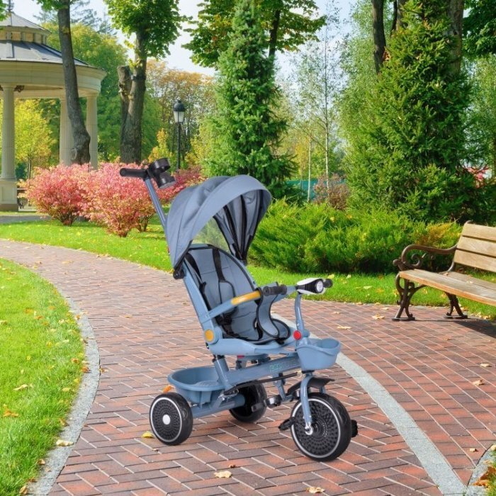 Ecotoys Tricicleta pentru copii WQL-066-18 Albastru 2 in 1 scaun rotativ 360 roti din spuma EVA suport picioare control al directiei suport pahar far cosulet
