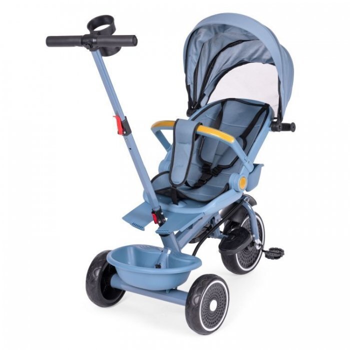 Ecotoys Tricicleta pentru copii WQL-066-18 Albastru 2 in 1 scaun rotativ 360 roti din spuma EVA suport picioare control al directiei suport pahar far cosulet