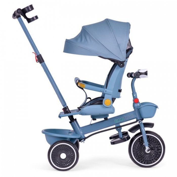 Ecotoys Tricicleta pentru copii WQL-066-18 Albastru 2 in 1 scaun rotativ 360 roti din spuma EVA suport picioare control al directiei suport pahar far cosulet