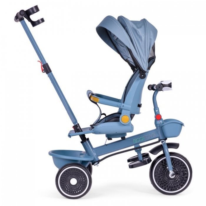 Ecotoys Tricicleta pentru copii WQL-066-18 Albastru 2 in 1 scaun rotativ 360 roti din spuma EVA suport picioare control al directiei suport pahar far cosulet