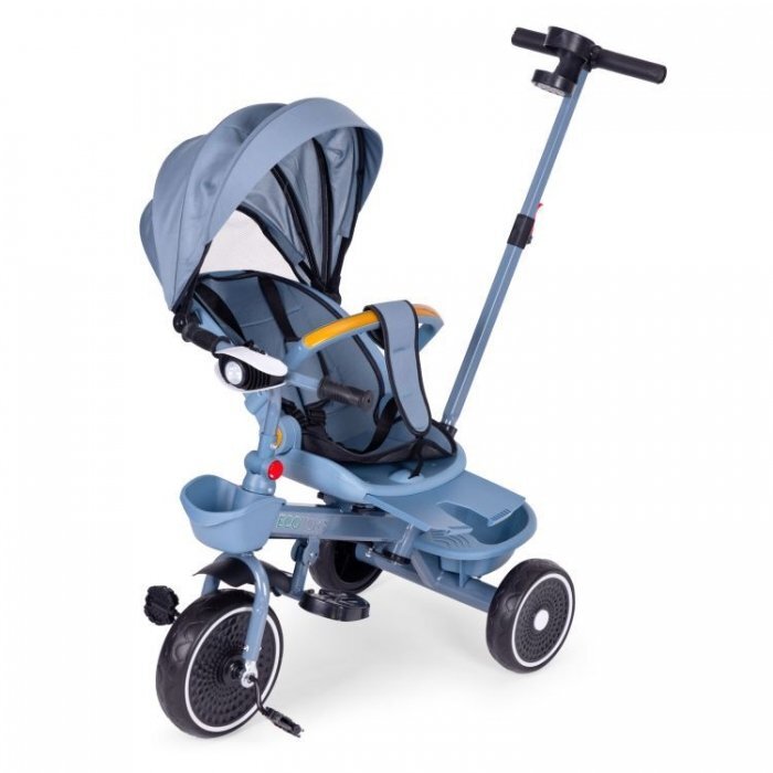Ecotoys Tricicleta pentru copii WQL-066-18 Albastru 2 in 1 scaun rotativ 360 roti din spuma EVA suport picioare control al directiei suport pahar far cosulet
