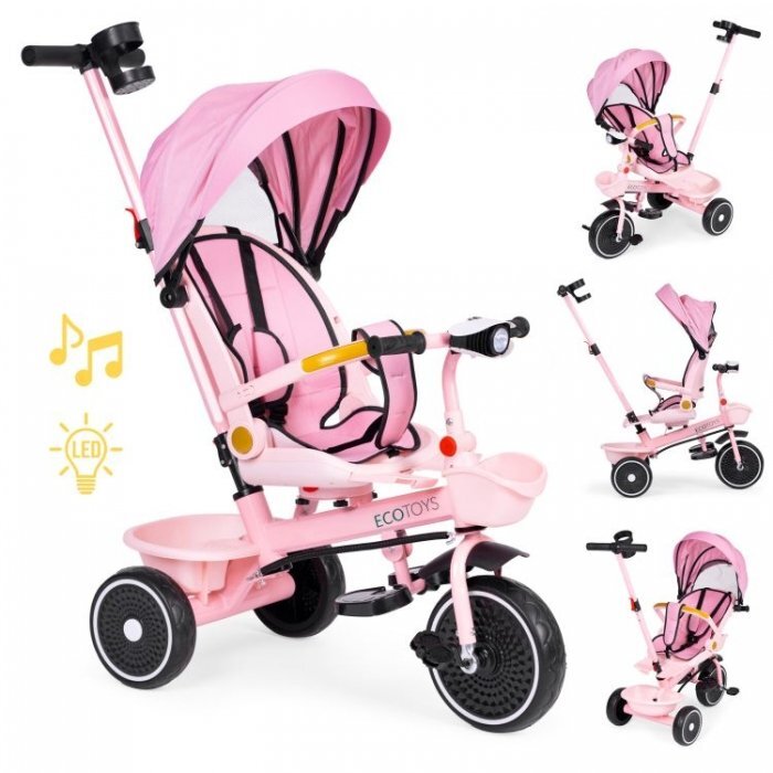 Ecotoys Tricicleta pentru copii WQL-066-18 Roz 2 in 1 scaun rotativ 360 roti din spuma EVA suport picioare control al directiei suport pahar far cosulet