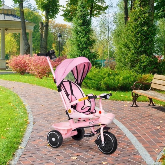Ecotoys Tricicleta pentru copii WQL-066-18 Roz 2 in 1 scaun rotativ 360 roti din spuma EVA suport picioare control al directiei suport pahar far cosulet