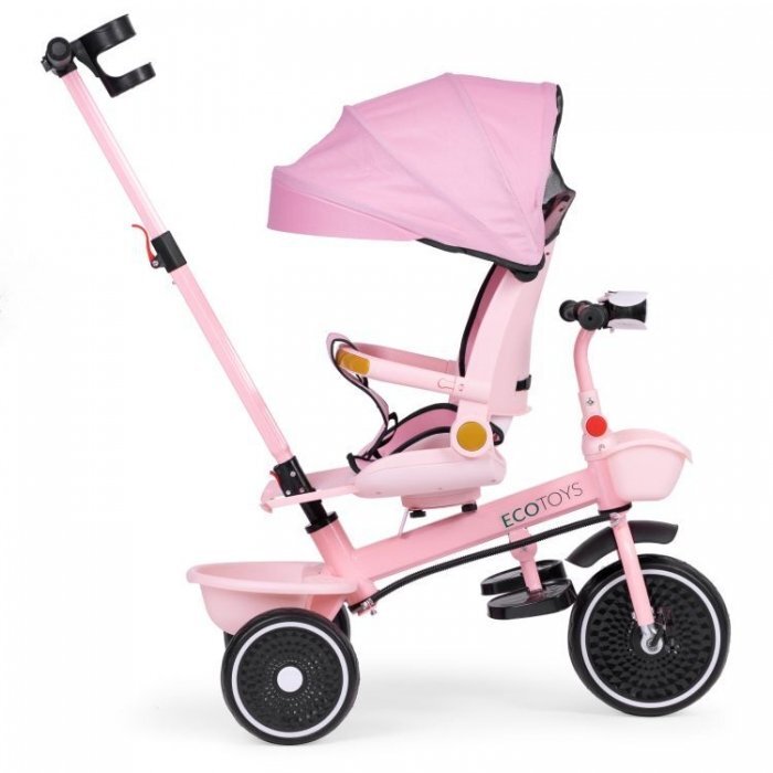 Ecotoys Tricicleta pentru copii WQL-066-18 Roz 2 in 1 scaun rotativ 360 roti din spuma EVA suport picioare control al directiei suport pahar far cosulet