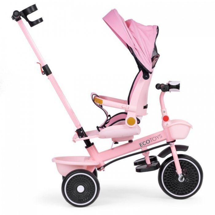 Ecotoys Tricicleta pentru copii WQL-066-18 Roz 2 in 1 scaun rotativ 360 roti din spuma EVA suport picioare control al directiei suport pahar far cosulet