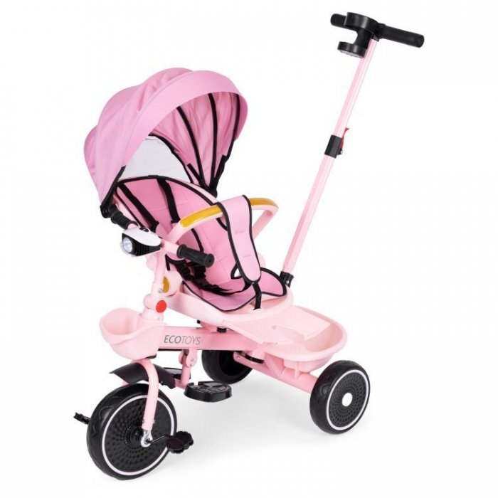 Ecotoys Tricicleta pentru copii WQL-066-18 Roz 2 in 1 scaun rotativ 360 roti din spuma EVA suport picioare control al directiei suport pahar far cosulet