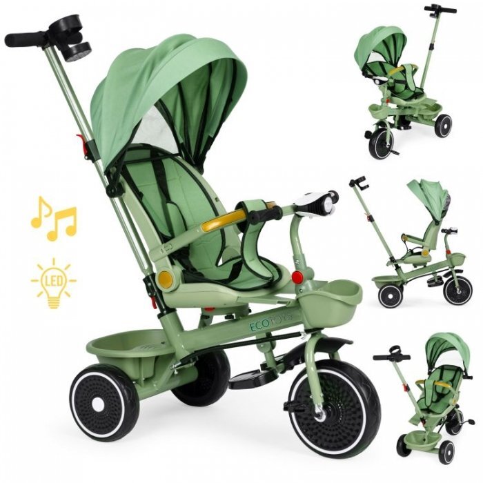 Ecotoys Tricicleta pentru copii WQL-066-18 Verde 2 in 1 scaun rotativ 360 roti din spuma EVA suport picioare control al directiei suport pahar far cosulet