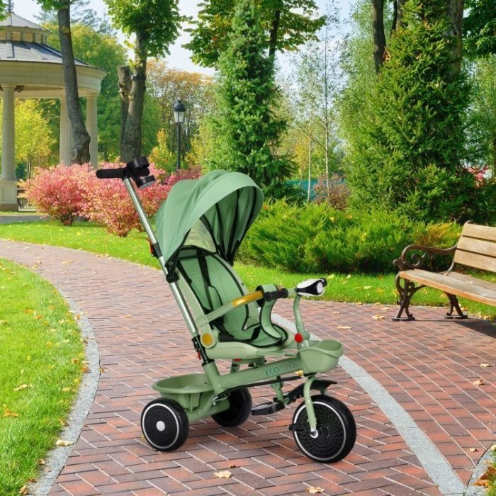 Ecotoys Tricicleta pentru copii WQL-066-18 Verde 2 in 1 scaun rotativ 360 roti din spuma EVA suport picioare control al directiei suport pahar far cosulet