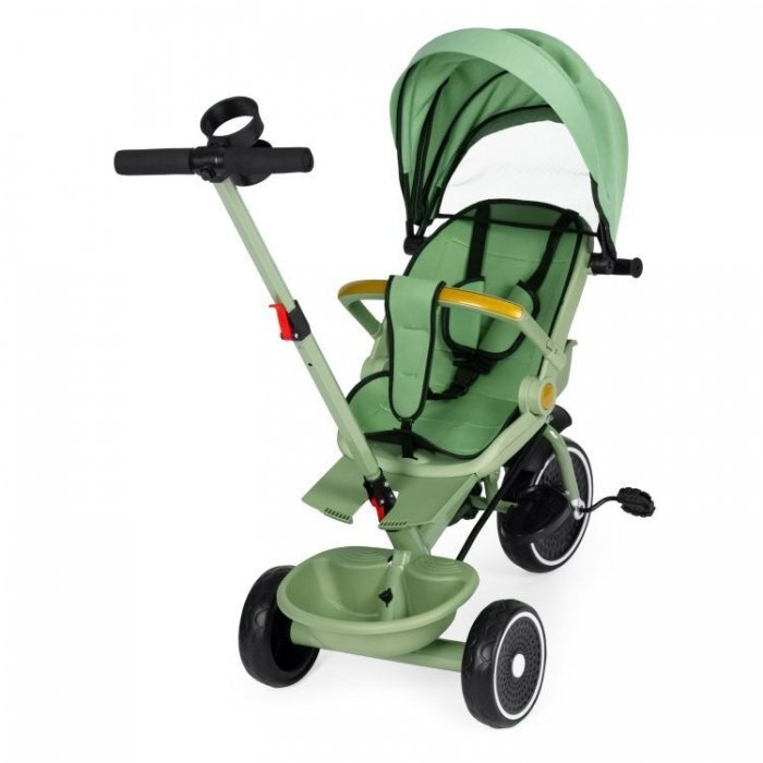 Ecotoys Tricicleta pentru copii WQL-066-18 Verde 2 in 1 scaun rotativ 360 roti din spuma EVA suport picioare control al directiei suport pahar far cosulet