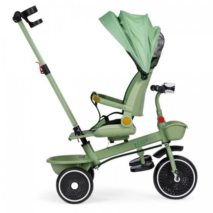 Ecotoys Tricicleta pentru copii WQL-066-18 Verde 2 in 1 scaun rotativ 360 roti din spuma EVA suport picioare control al directiei suport pahar far cosulet