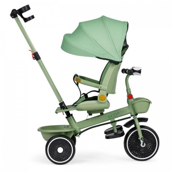 Ecotoys Tricicleta pentru copii WQL-066-18 Verde 2 in 1 scaun rotativ 360 roti din spuma EVA suport picioare control al directiei suport pahar far cosulet