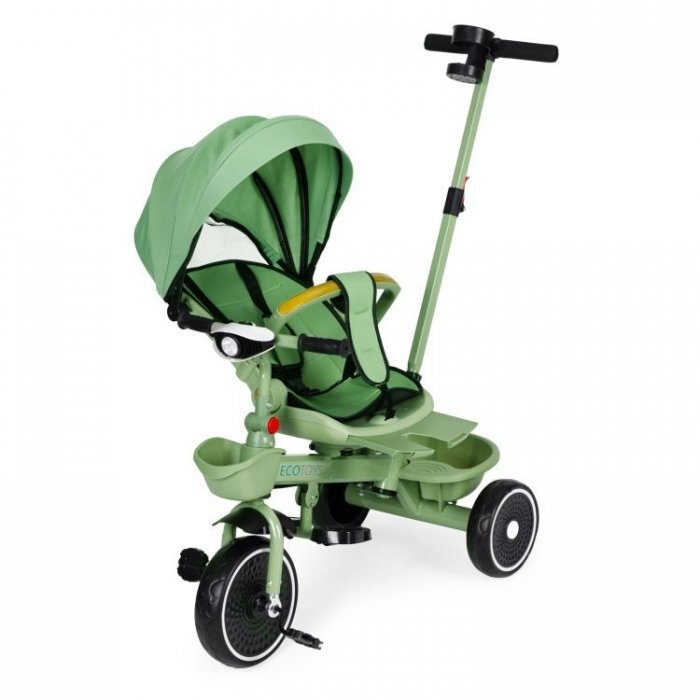 Ecotoys Tricicleta pentru copii WQL-066-18 Verde 2 in 1 scaun rotativ 360 roti din spuma EVA suport picioare control al directiei suport pahar far cosulet