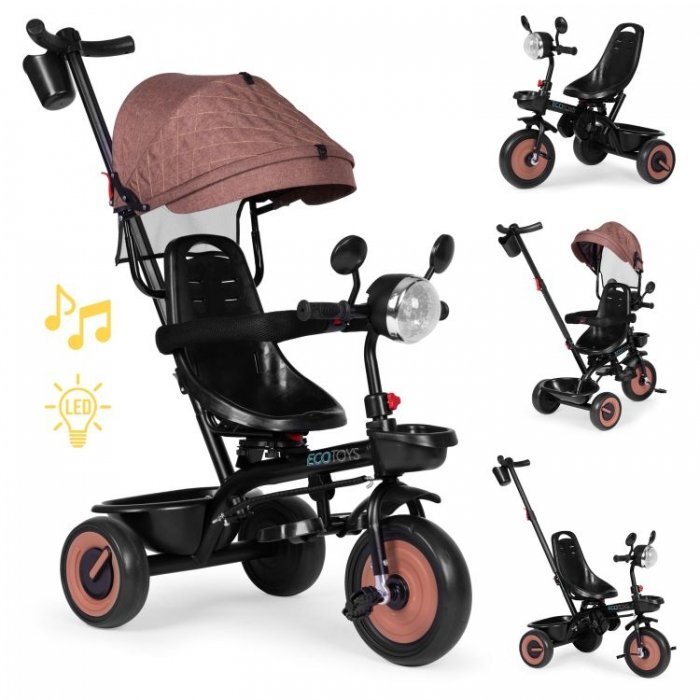 Ecotoys Tricicleta pentru copii WQL-066-51 Bej 3 in 1 cu scaun rotativ 360 roti din spuma EVA