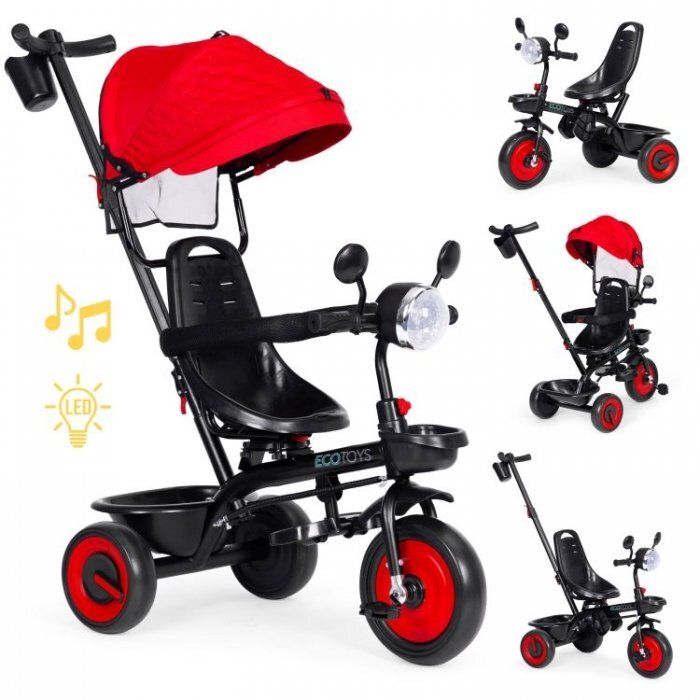 Ecotoys Tricicleta pentru copii WQL-066-51 Rosu 3 in 1 cu scaun rotativ 360 roti din spuma EVA