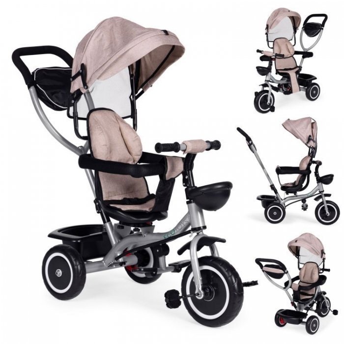 Ecotoys Tricicleta pentru copii WQL-066-52 Bej 2 in 1 cu scaun rotativ 360 roti din spuma EVA greutate admisa 25kg