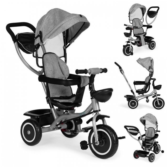 Ecotoys Tricicleta pentru copii WQL-066-52 Gri 2 in 1 cu scaun rotativ 360 roti din spuma EVA greutate admisa 25kg