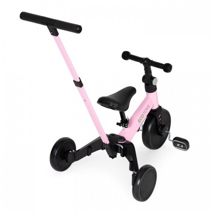 Ecotoys Tricicleta pentru copii YM-BT-6 Roz cu pedale si maner 2 in 1 roti din cauciuc Eva maner detasabil pentru copii de la 3 ani