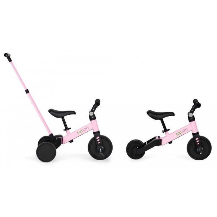 Ecotoys Tricicleta pentru copii YM-BT-6 Roz cu pedale si maner 2 in 1 roti din cauciuc Eva maner detasabil pentru copii de la 3 ani