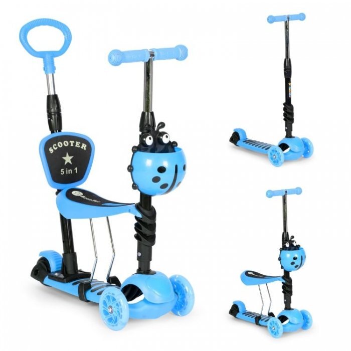 Ecotoys Trotineta 5 in 1 cu maner parental reglabil scaun reglabil 3 roti cu LED greutate suportata 20 kg varsta 3 ani+ albastru