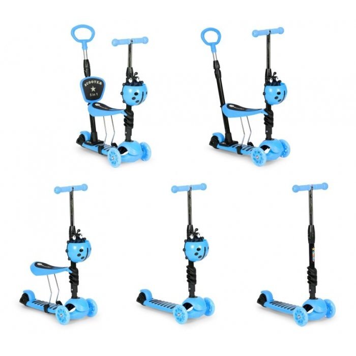 Ecotoys Trotineta 5 in 1 cu maner parental reglabil scaun reglabil 3 roti cu LED greutate suportata 20 kg varsta 3 ani+ albastru