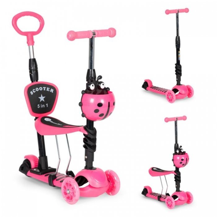 Ecotoys Trotineta 5 in 1 cu maner parental reglabil scaun reglabil 3 roti cu LED greutate suportata 20 kg varsta 3 ani+ roz