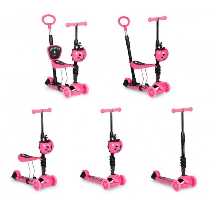 Ecotoys Trotineta 5 in 1 cu maner parental reglabil scaun reglabil 3 roti cu LED greutate suportata 20 kg varsta 3 ani+ roz