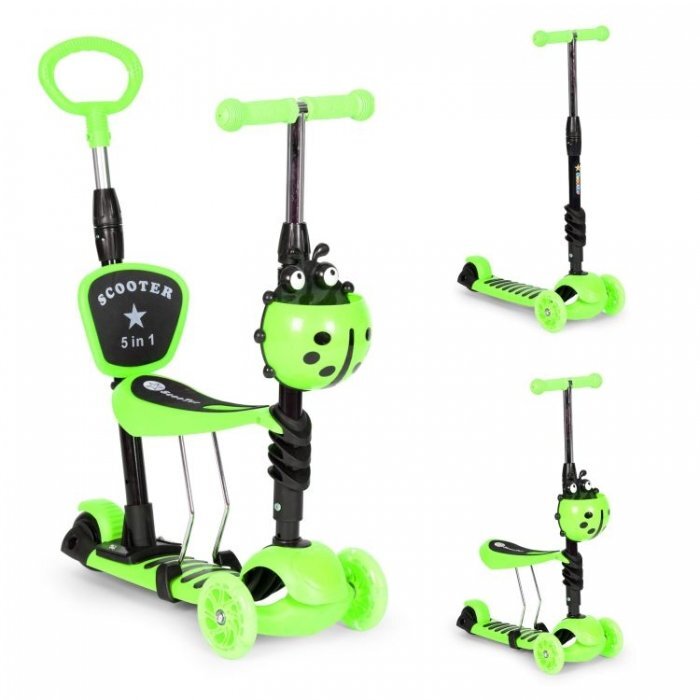 Ecotoys Trotineta 5 in 1 cu maner parental reglabil scaun reglabil 3 roti cu LED greutate suportata 20 kg varsta 3 ani+ verde
