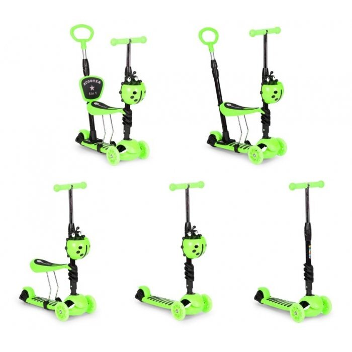 Ecotoys Trotineta 5 in 1 cu maner parental reglabil scaun reglabil 3 roti cu LED greutate suportata 20 kg varsta 3 ani+ verde