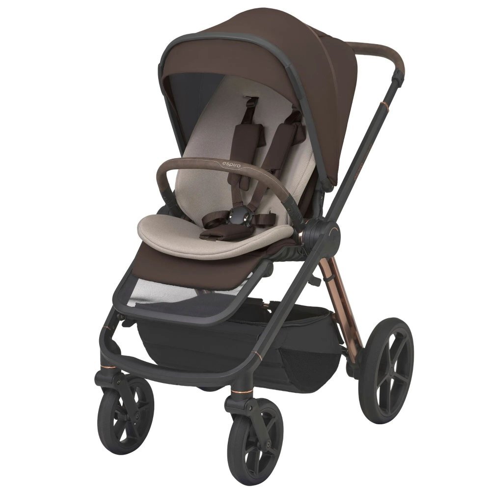 Espiro Carucior 2 in 1 pentru copii Miloo 2.0 Excellent Chocolate cu sezut reversibil suport reglabil pentru picioare bara detasabila greutate admisa 22 kg