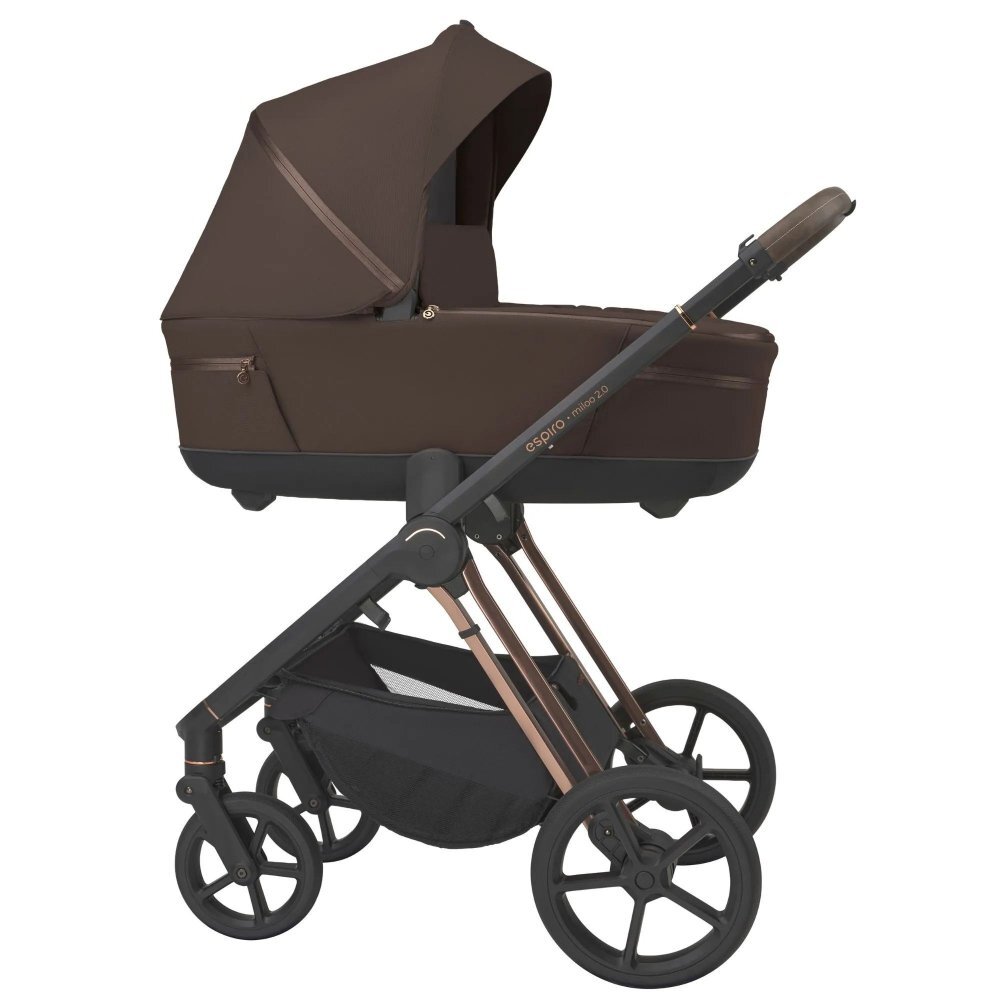 Espiro Carucior 2 in 1 pentru copii Miloo 2.0 Excellent Chocolate cu sezut reversibil suport reglabil pentru picioare bara detasabila greutate admisa 22 kg