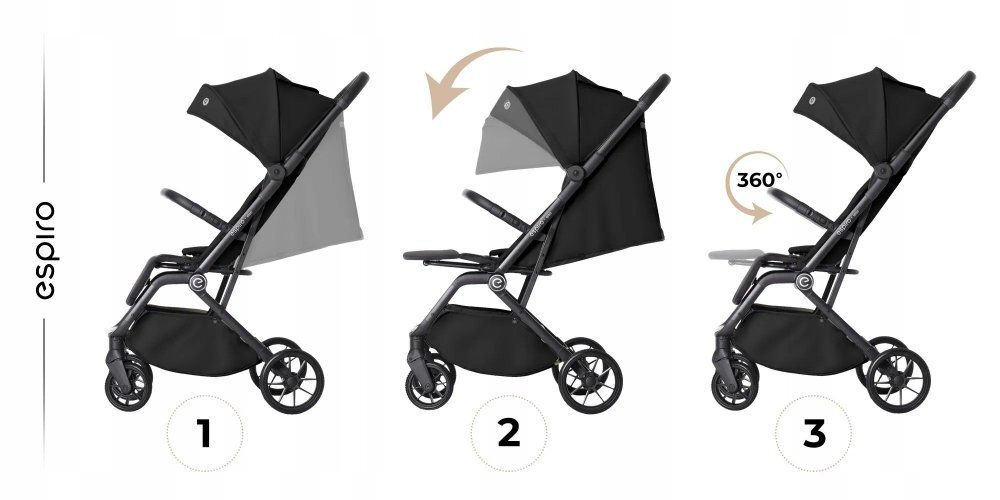 Espiro Carucior pentru copii Else Black 0-22 kg pliabil cu suspensii spatar reglabil suport pentru picioare reglabil si husa pentru picioare