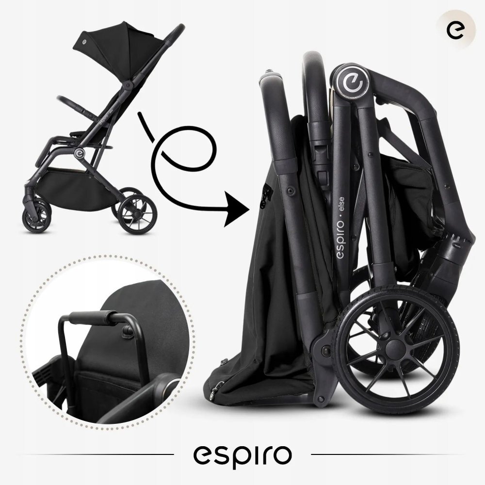 Espiro Carucior pentru copii Else Black 0-22 kg pliabil cu suspensii spatar reglabil suport pentru picioare reglabil si husa pentru picioare