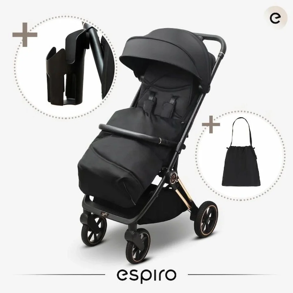Espiro Carucior pentru copii Flame black 0-22 kg pliabil cu suspensii spatar reglabil geanta husa pentru picioare si suport pentru pahar