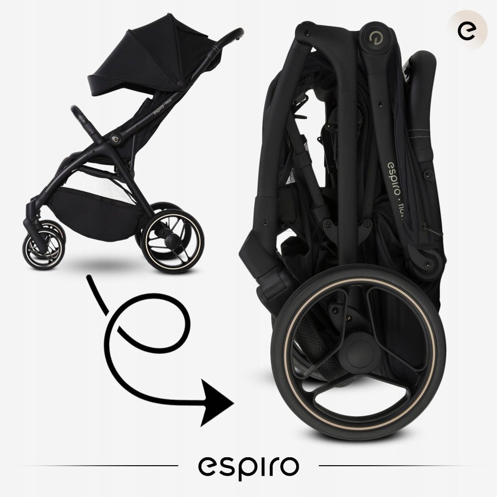 Espiro Carucior pentru copii Flow Black 0-22 kg cu suspensii suport reglabil pentru picioare bara de protectie pivotanta accesorii incluse