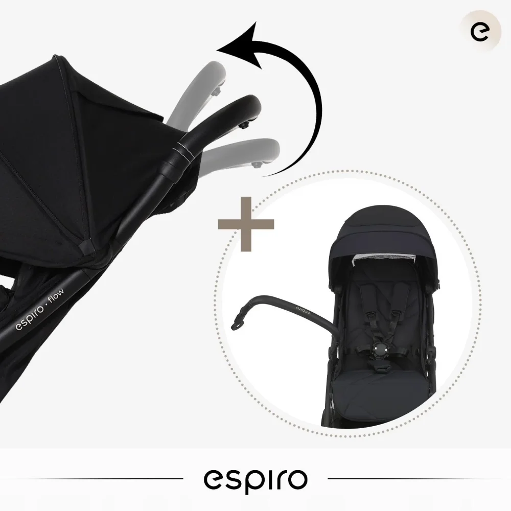 Espiro Carucior pentru copii Flow Black 0-22 kg cu suspensii suport reglabil pentru picioare bara de protectie pivotanta accesorii incluse