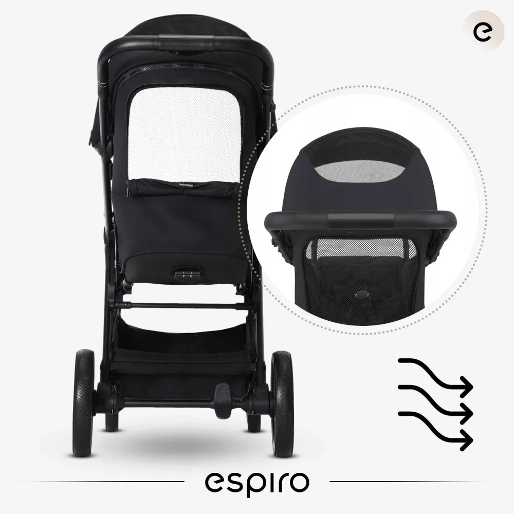Espiro Carucior pentru copii Flow Black 0-22 kg cu suspensii suport reglabil pentru picioare bara de protectie pivotanta accesorii incluse