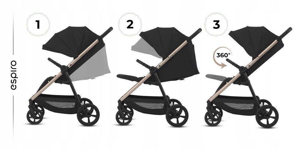 Espiro Carucior pentru copii Pearl Champagne 0-22 kg pliabil cu suspensii maner reglabil spatar reglabil suport pentru pahar si husa pentru picioare