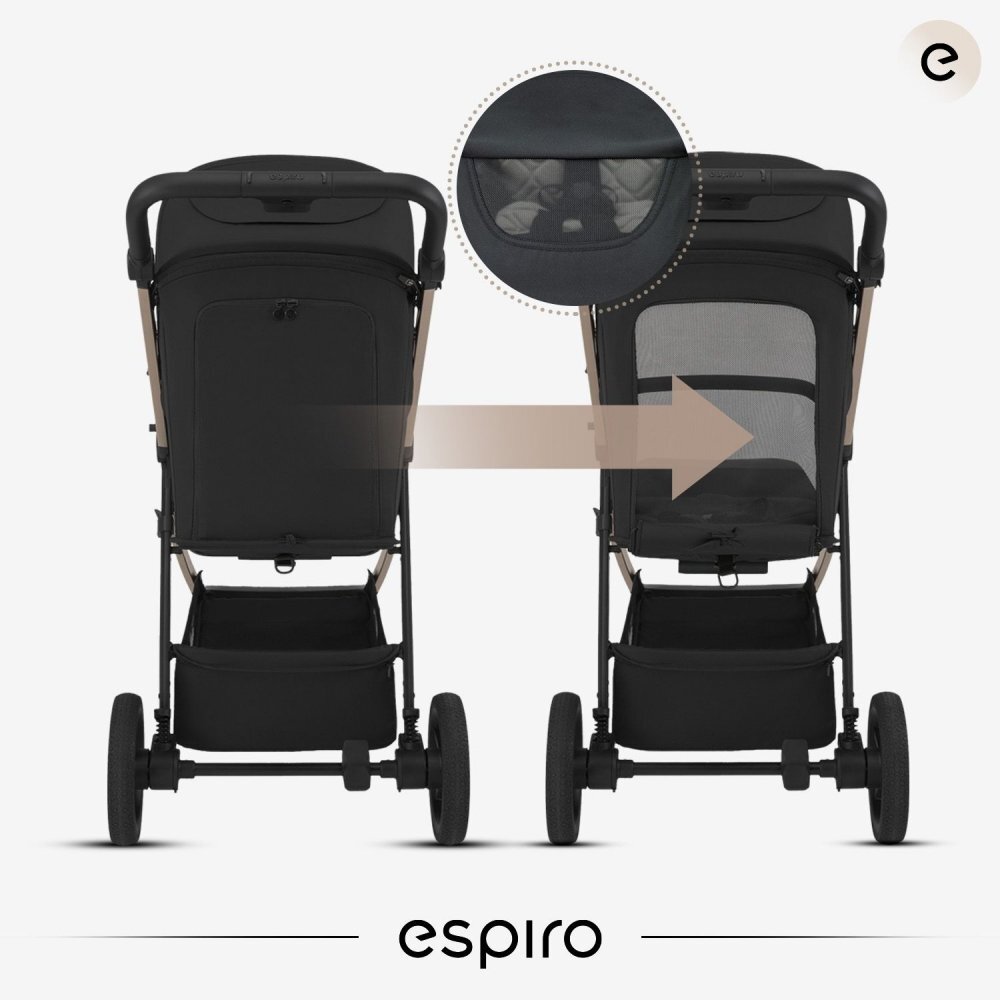 Espiro Carucior pentru copii Pearl Champagne 0-22 kg pliabil cu suspensii maner reglabil spatar reglabil suport pentru pahar si husa pentru picioare