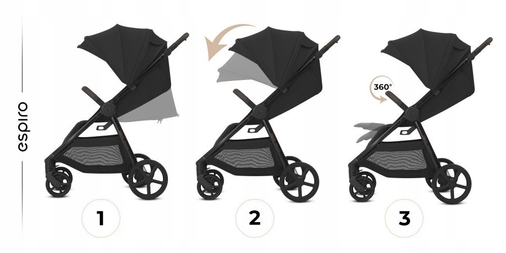 Espiro Carucior pentru copii Wave Pro Black 0-22 kg pliabil cu suspensii spatar reglabil husa pentru picioare si geanta
