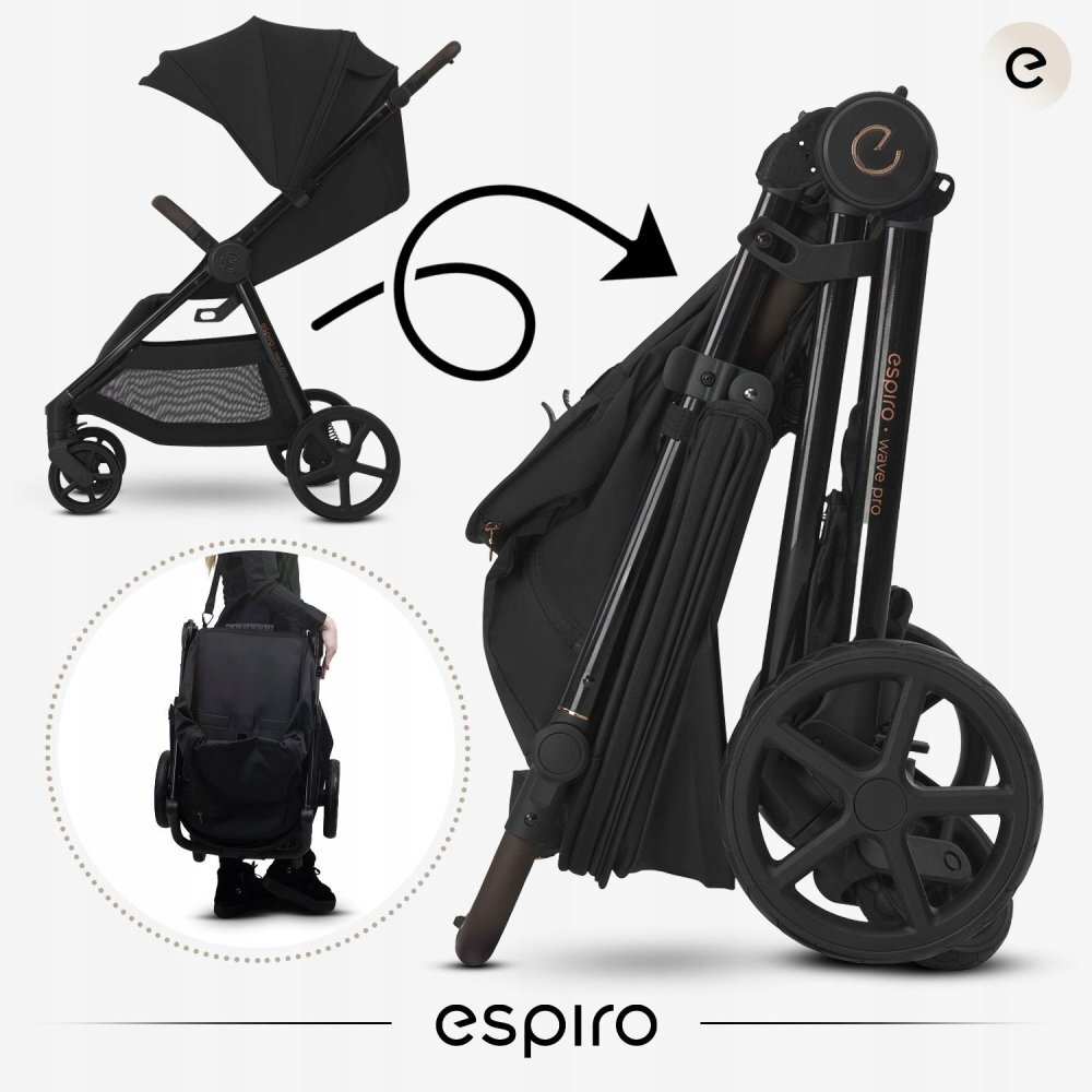 Espiro Carucior pentru copii Wave Pro Black 0-22 kg pliabil cu suspensii spatar reglabil husa pentru picioare si geanta