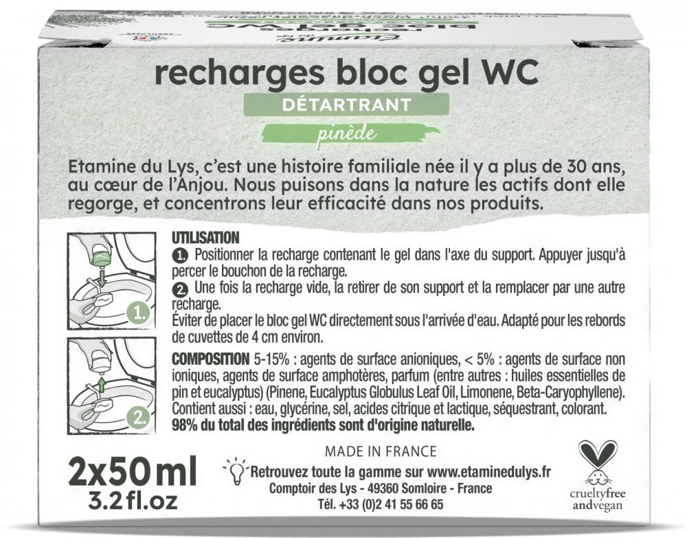 Etamine du Lys Rezerva 2 pastile gel pentru curatare si detartrare toaleta Etamine parfum pin si eucalipt 100 ml