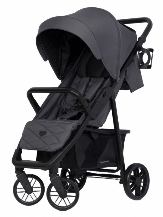 Euro-Cart Carucior pentru copii Flex omologat pana la 22 kg Iron Black Edition cu cadru de aluminiu roti cu suspensii echipat cu husa de picioruse groasa pelerina de ploaie si suport pentru biberon