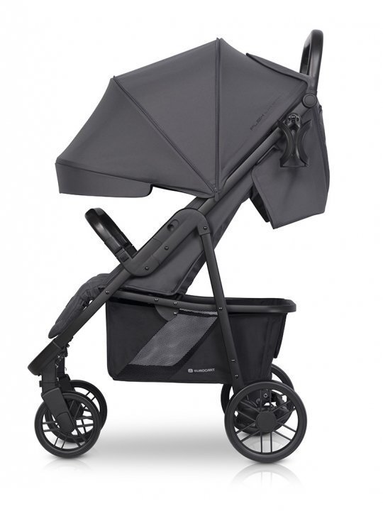 Euro-Cart Carucior pentru copii Flex omologat pana la 22 kg Iron Black Edition cu cadru de aluminiu roti cu suspensii echipat cu husa de picioruse groasa pelerina de ploaie si suport pentru biberon
