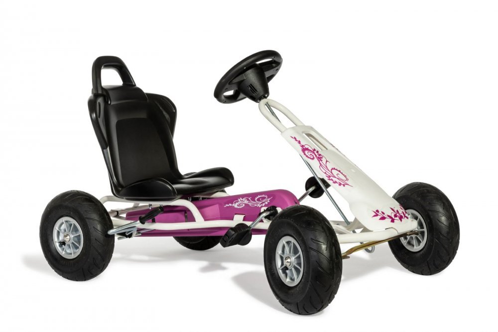 Ferbedo Kart Air Runner Flower alb scaun ajustabil functie free-wheel roti pneumatice frana de mana volan cu sunete 102 X 60 X h64 cm