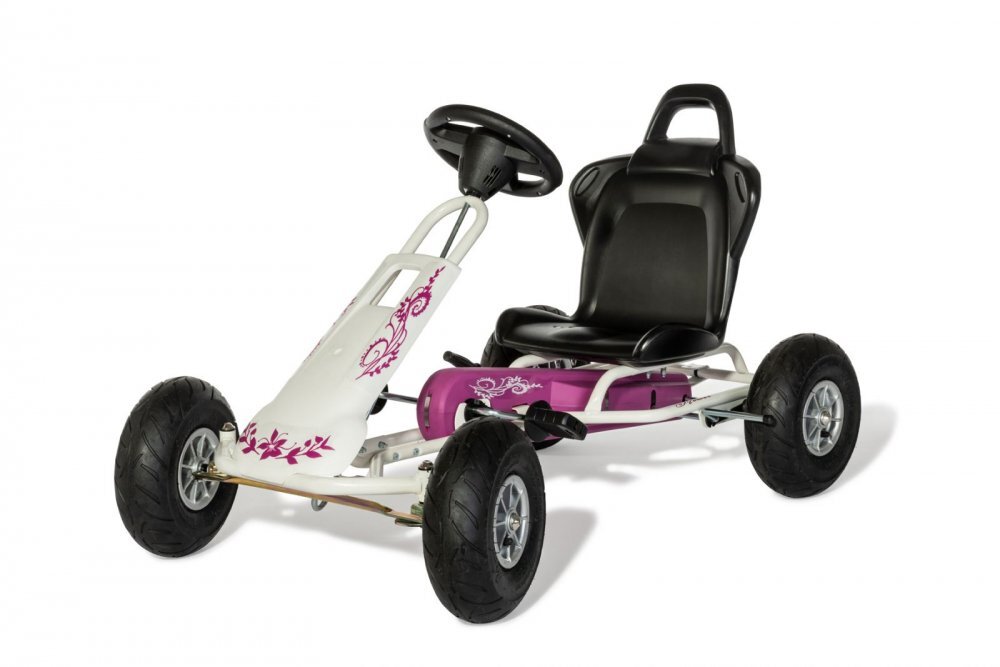 Ferbedo Kart Air Runner Flower alb scaun ajustabil functie free-wheel roti pneumatice frana de mana volan cu sunete 102 X 60 X h64 cm