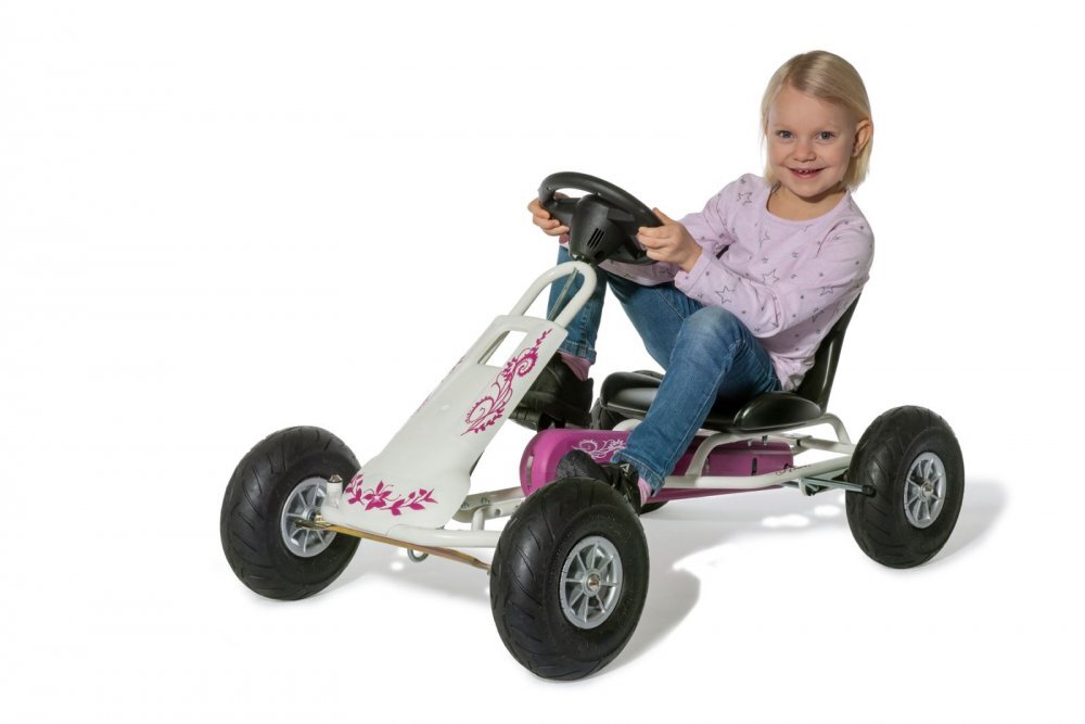 Ferbedo Kart Air Runner Flower alb scaun ajustabil functie free-wheel roti pneumatice frana de mana volan cu sunete 102 X 60 X h64 cm