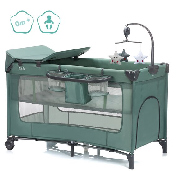 FILLIKID Patut pliabil pentru copii Capri Green cu saltea de infasat organizator carusel muzical intrare laterala cu fermoar